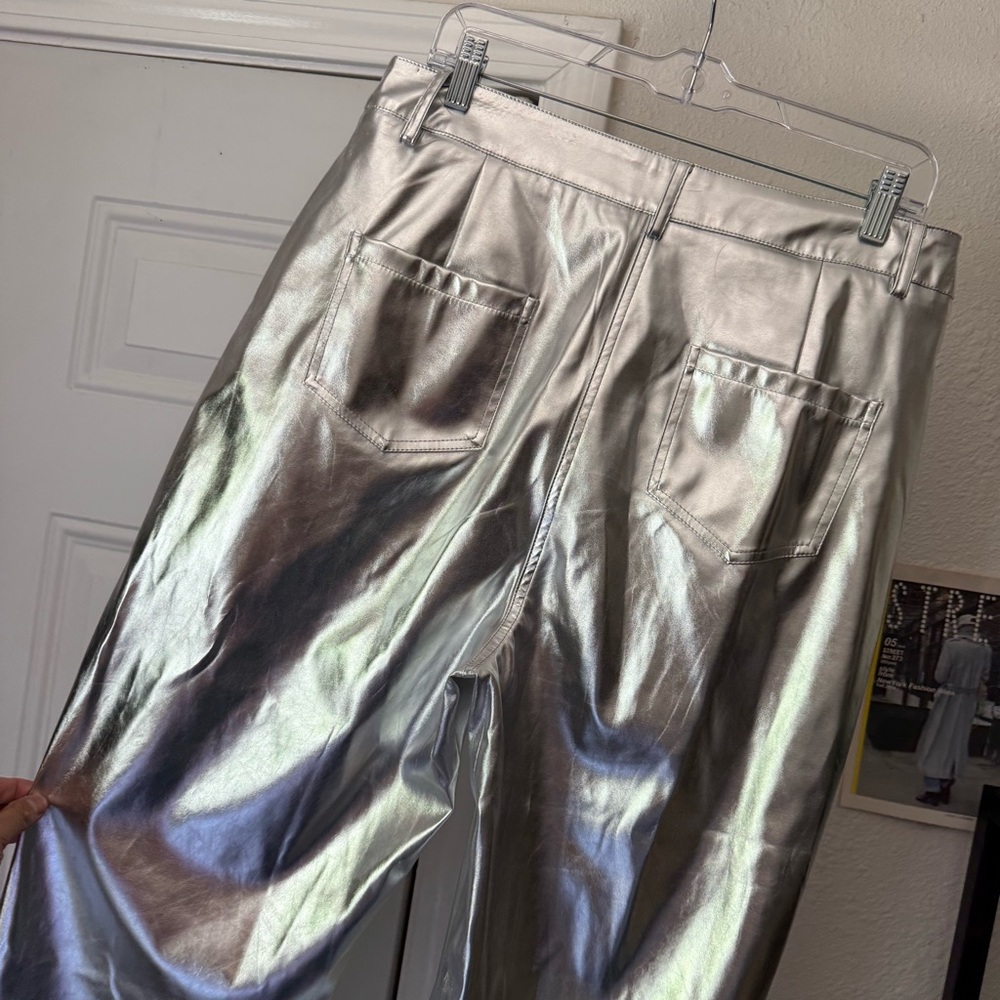 AMYLYNN silver metallic pu pleather faux leather cotton wide leg trousers pants - Picture 4 of 7